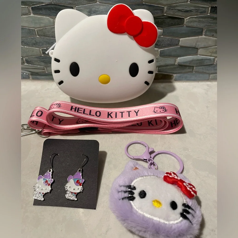 Hello Kitty White and Red Kids Coin Purse, Earrings and Bag Charm Bundle